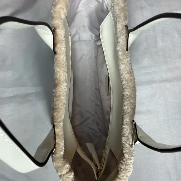 NWT kate spade Jett Faux Shearling Patent Leather Large Tote, Meringue White - Picture 6 of 15